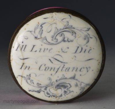 Bilston enamel patch box "We Live & Die in Constancy", circa 1780