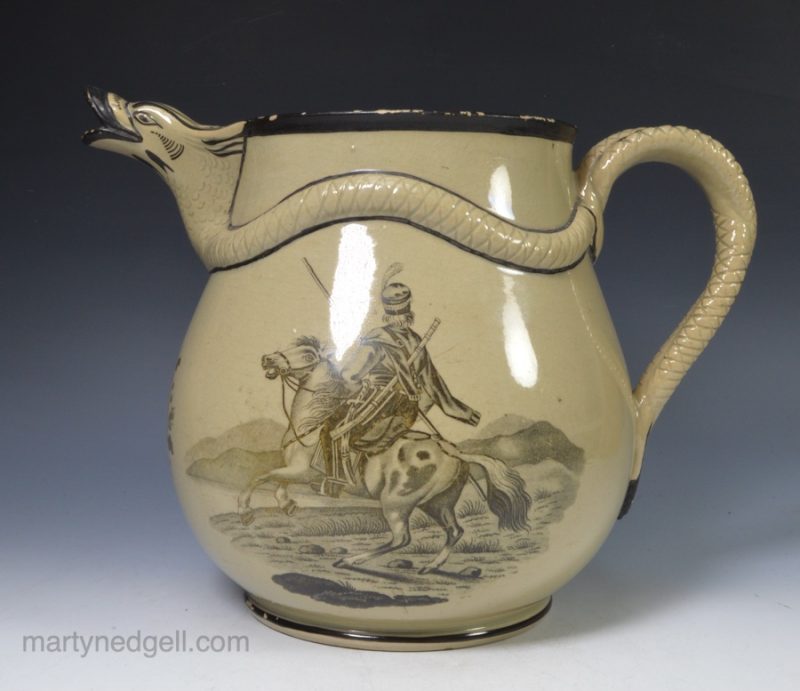Drabware pottery Napoleonic commemorative jug printed with Cossacks, circa 1812