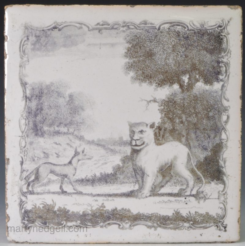Liverpool Delft tile printed by Sadler with The Lioness and the Fox from Æsop's Fables, circa 1770