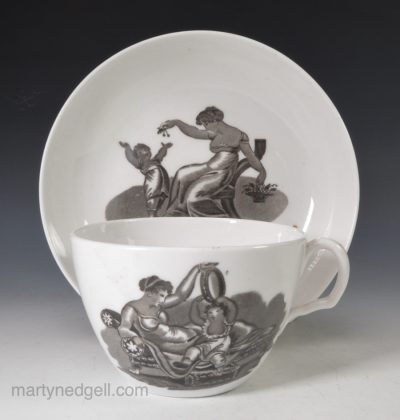 English porcelain cup and saucer decorated with Adam Buck style bat prints, circa 1820