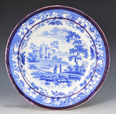 Small pearlware pottery plate decorated with a blue transfer print and a pink lustre border, circa 1830