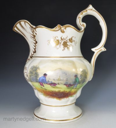 English porcelain jug decorated with cock fighting and pheasant shooting, dated 1844