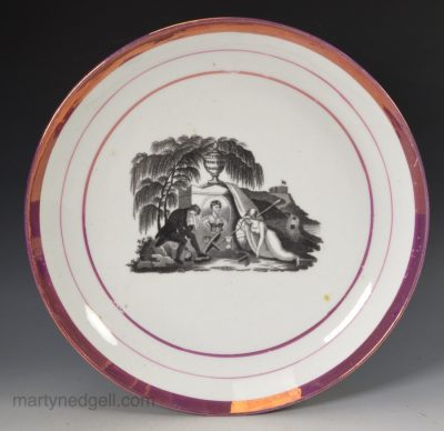 English porcelain saucer dish decorated with a print commemorating the death of Princess Charlotte in 1817