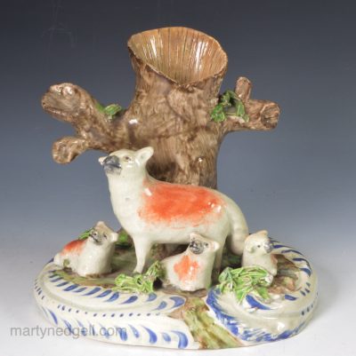 Staffordshire pearlware pottery sheep spill vase, circa 1820