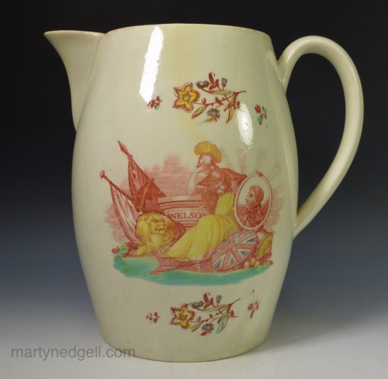 Large creamware pottery serving jug "BRITANNIAS address on the Death of LORD NELSON", circa 1805