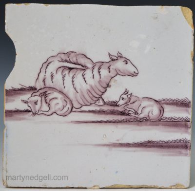 Liverpool delft tile painted in manganese, circa 1750