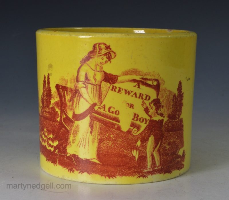 Canary yellow child's mug Reward for a Good Boy, circa 1820