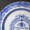 Pearlware pottery plate transfer printed in blue with "Long Live the King", circa 1790