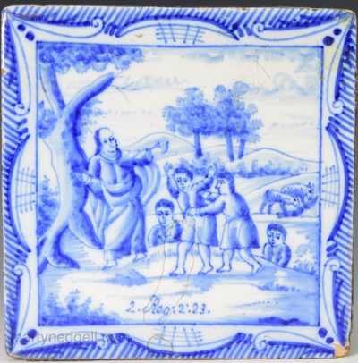 Dutch Delft biblical tile The Mocking of Elisha, circa 1800