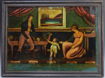 Reverse print on glass "The First Steps in Life", circa 1810