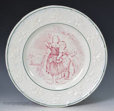 Pearlware pottery child's plate "Does it Rain", circa 1840