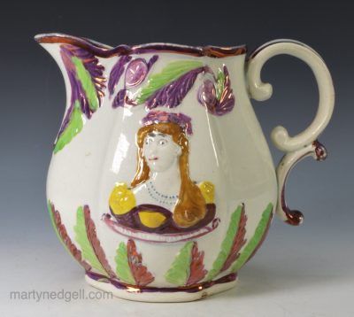 Pearlware pottery commemorative jug, Princess Charlotte and Prince Leopold, circa 1817