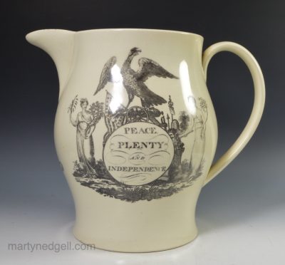 Creamware pottery jug decorated with a print to commemorate America's independence, circa 1790