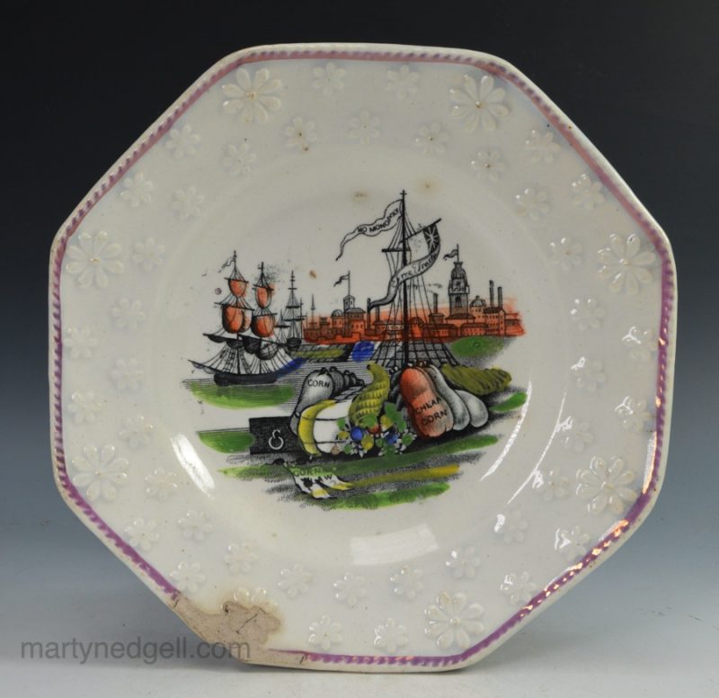 Pearlware pottery child's plate celebrating the repeal of the Corn Laws in 1846