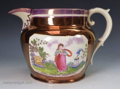 Copper lustre pottery jug decorated with coloured print of "Faith", circa 1830