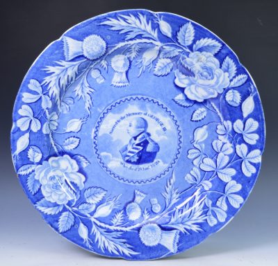Pearlware pottery plate transfer printed in blue in memorial of George III, circa 1820