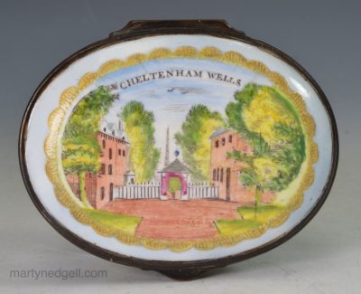 Bilston enamel snuff box "Cheltenham Wells", circa 1820