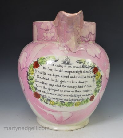 Sunderland pink splash lustre jug decorated with sailor prints, circa 1840