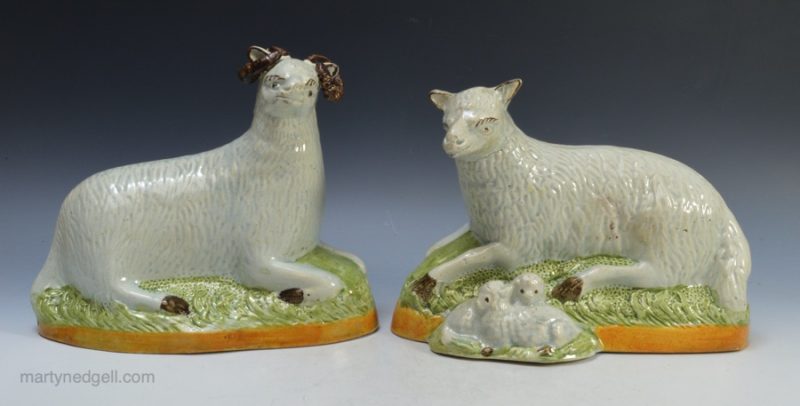 Pr Pearlware pottery sheep