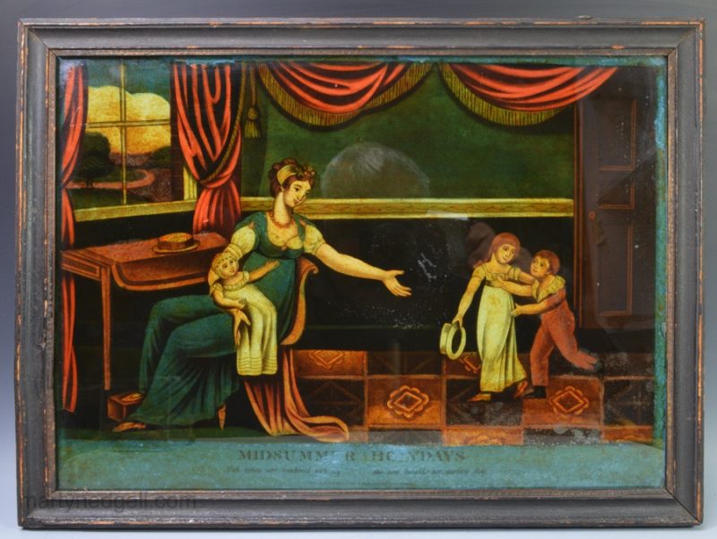 Reverse print on glass "MIDSUMMER HOLYDAYS" (sic), published by W B Walker, London, circa 1810