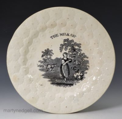 Pearlware pottery child's plate printed with The Milk Girl, circa 1830