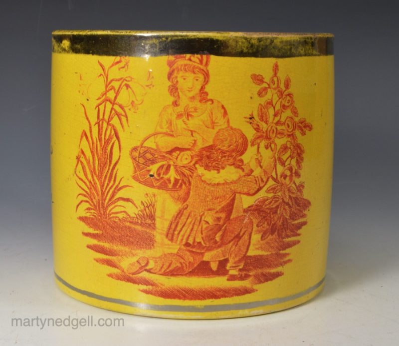 Canary yellow mug printed in red, circa 1820