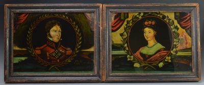 Pair of reverse prints on glass Princess Charlotte and Prince Leopold circa 1815