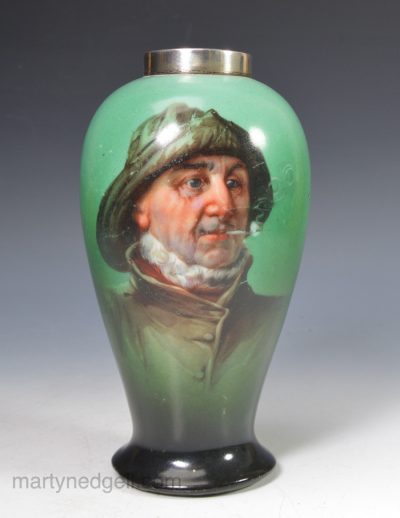 Continental porcelain vase printed with Cornish fisherman with silver rim, circa 1880
