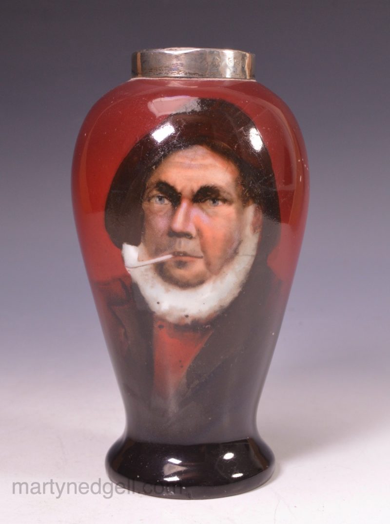 Continental porcelain vase printed with a Cornish fisherman with silver rim, circa 1880