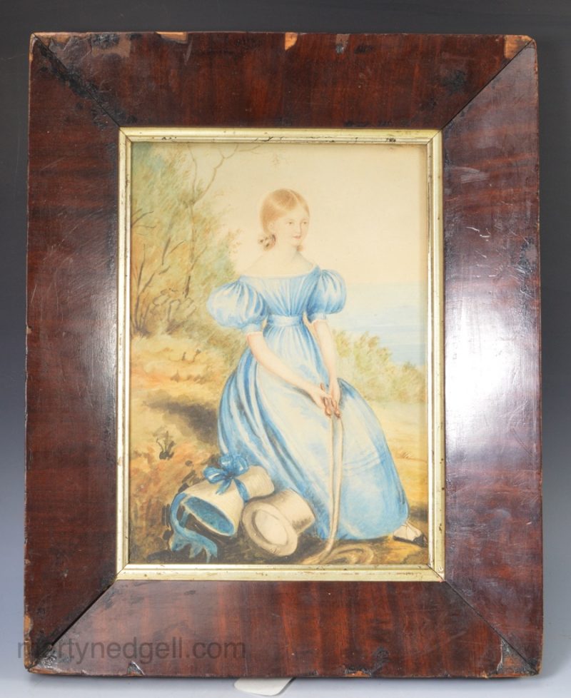 Watercolour of a girl in a blue dress, circa 1840