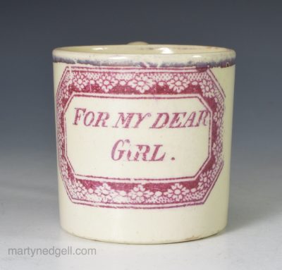 Creamware pottery child's mug "For My Dear Girl", circa 1820