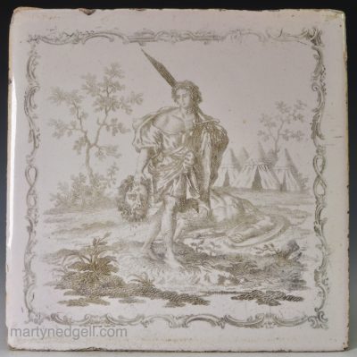 Liverpool delft tile with Sadler print of David with Goliath's head, circa 1770