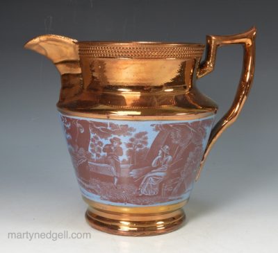 Copper lustre pottery jug, circa 1830
