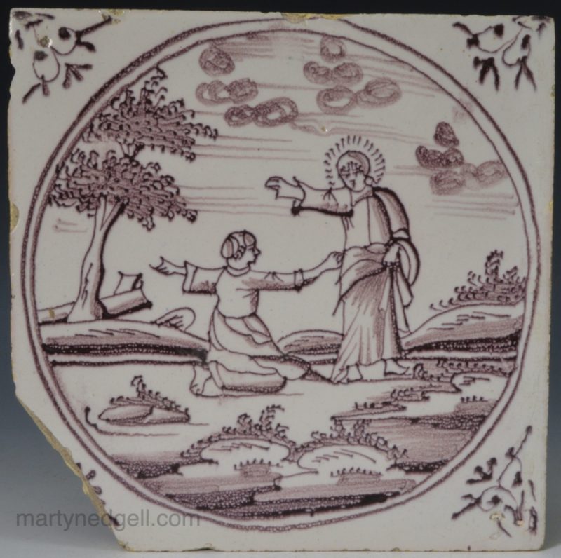 Dutch Delft biblical tile Jesus cures a woman of an issue of blood, circa 1750