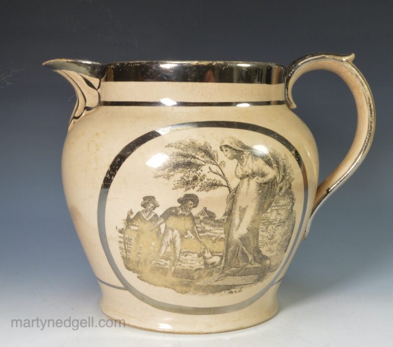 Drabware pottery jug decorated with bat prints and silver lustre, circa 1820