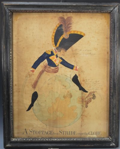 Watercolour copy of a satirical print or the original artwork of "A Stoppage to a Stride over the Globe", circa 1803