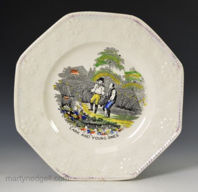 Pearlware pottery child's plate printed with "Lark and the Young Ones", circa 1830