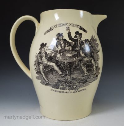 Creamware pottery jug "Saturday Night, Sweethearts and Wives", circa 1790