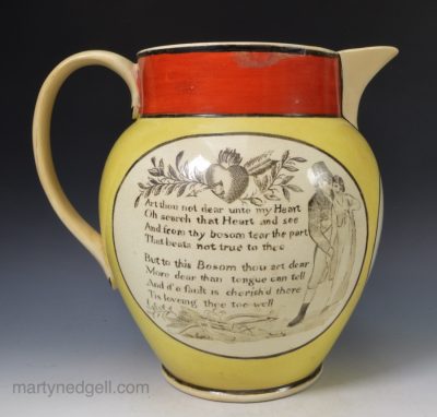 Pearlware pottery jug printed with romantic verse, circa 1820