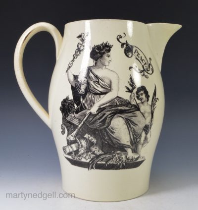 Creamware pottery jug printed in black "Peace and Plenty", circa 1790
