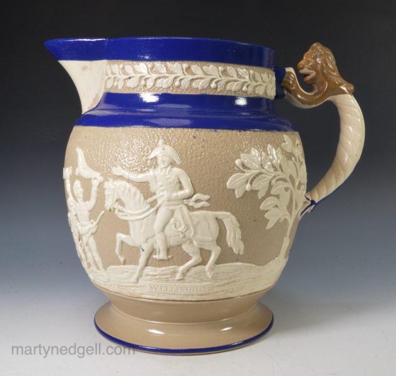 Drab stoneware commemorative jug Wellington and the battle of Vittoria (sic), circa 1813