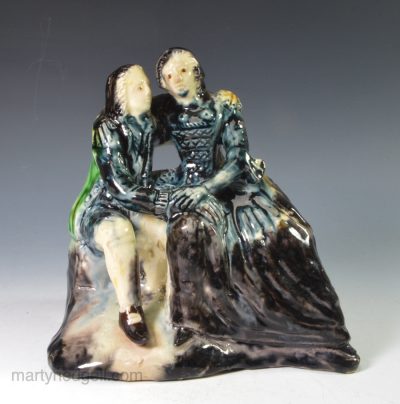 Creamware pottery group, "Lovers" decorated with colours under the glaze, circa 1750-55