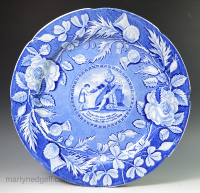 Pearlware pottery plate transfer printed in blue with George III giving out the bible, circa 1820
