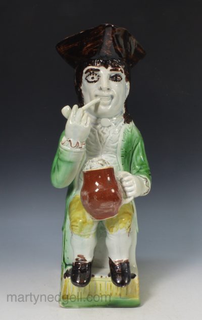 Thin man Toby jug decorated with coloured glazes, circa 1775