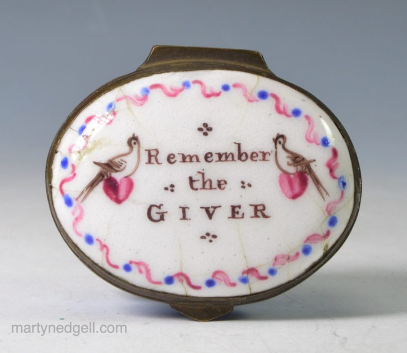 Bilston enamel patch box "Remember the Giver", circa 1780