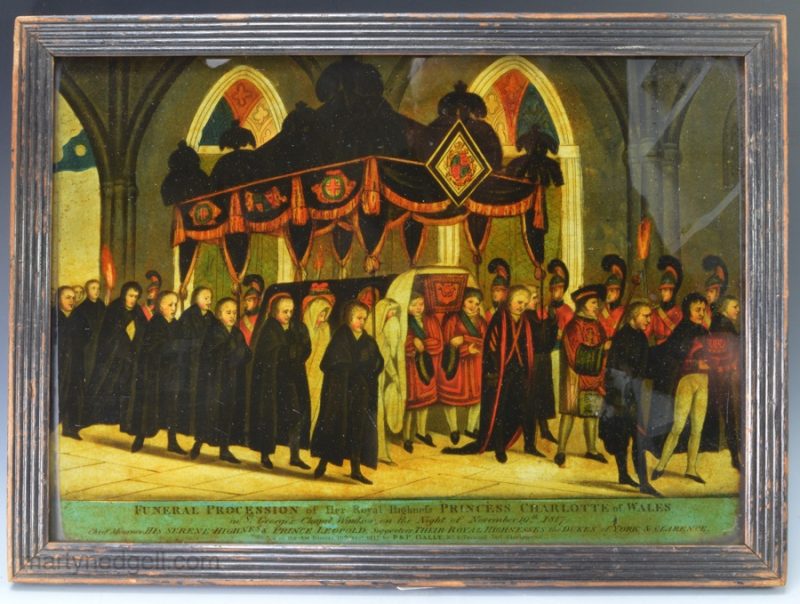 Reverse print on glass "Funeral Procession of Her royal Highness Princess Charlotte of Wales", circa 1817
