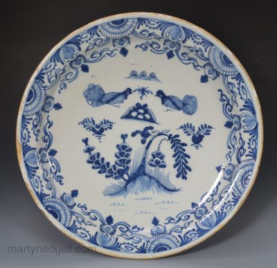 Bristol delft charger painted in blue with chickens, circa 1730