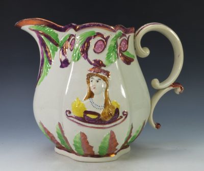 Pearlware pottery jug commemorating the marriage of Princess Charlotte to Prince Leopold, circa 1815