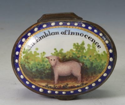 Bilston enamel patch box "An Emblem of Innocence", circa 1780