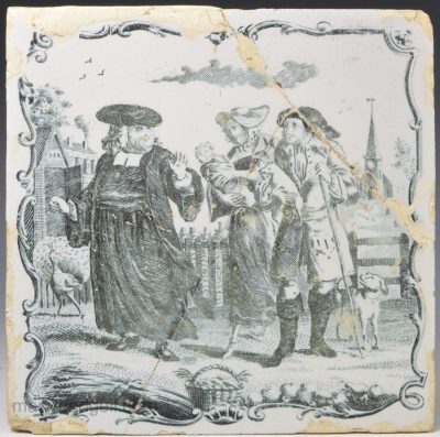 Liverpool delft tile decorated with a Sadler print of the Tithe Pig, circa 1765